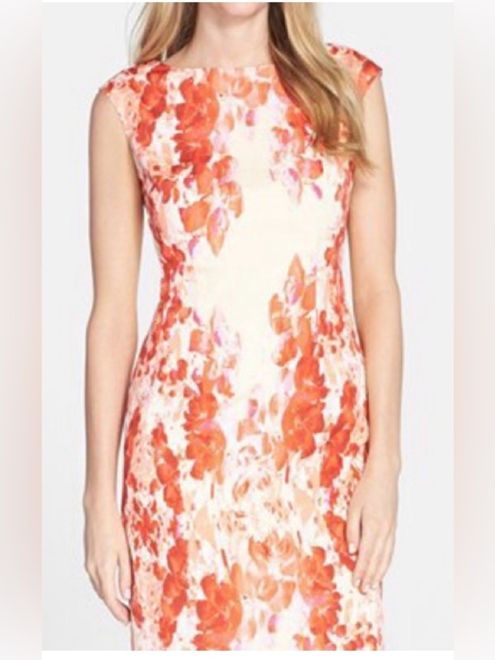 Adrianna Papell Floral Red Orange Cream Sleeveless Shift Dress Sz 12 EUC - Picture 2 of 8